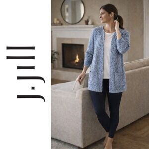 J. Jill, Blue Speckled Marled Knit Open Front Cardigan Duster Sweater Size Large